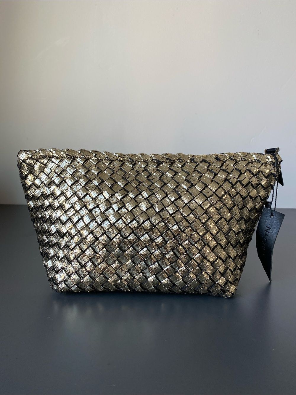 NWT Naghedi Portofino Cosmetic Bag in Etoile Gold Metallic Avant Garde